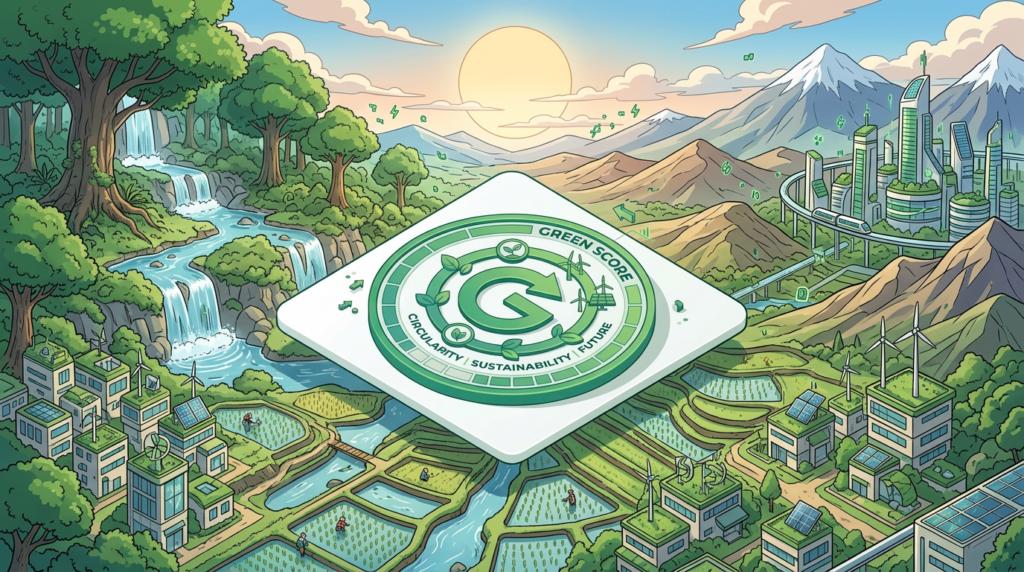 Green Score emblem labeled Circularity, Sustainability, Future, with renewable energy symbols